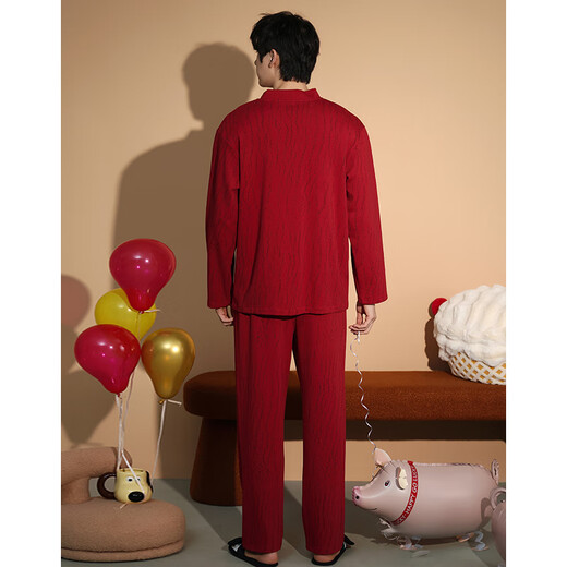 LangSha newlywed couple pajamas for women spring and autumn pure cotton with chest pad wedding home clothes for men red cotton long-sleeved suit 8048 L female + XL male