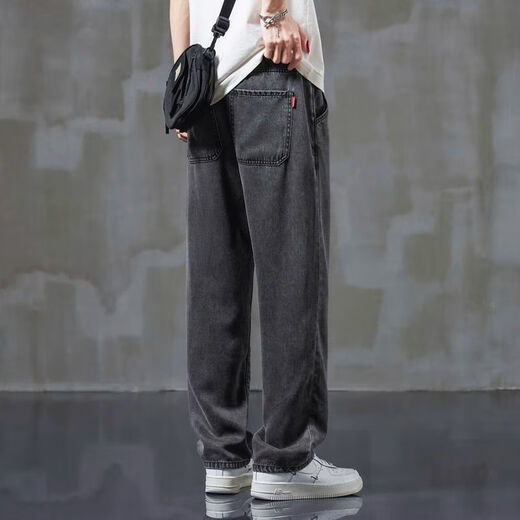 
Danyuting high-end Tennis Jeans for men loose straight summer thin wide-leg large-size ice silk casual long trousers 1048 black-elastic waist S recommended 80-100Jin [Jin equals 0.5 kg]