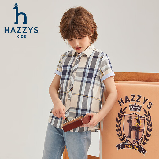 HAZZYS brand children's clothing boys' shirt summer new thin loose classic pointed collar simple and comfortable plaid short-sleeved shirt truffle green 110
