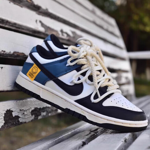 耐克（NIKE）定制球鞋 Dunk Low笑脸贴街头做旧双鞋带低帮板鞋男款黑白蓝 DD1391-100 笑脸贴 定制球鞋不退 36