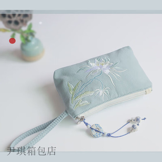 Yinqi fabric simple antique zipper embroidery mobile phone key canvas small bag clutch bag coin purse for women cyan blue epiphyllum embroidery-thickened with hanging ornaments
