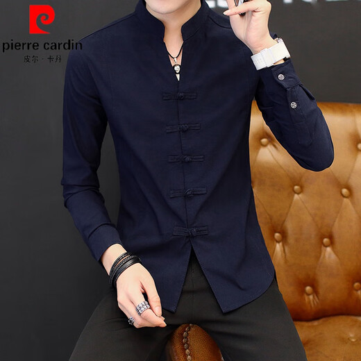 皮尔卡丹（pierre cardin）男士衬衫长袖春秋唐装盘扣中式立领外套中国风休闲衬衣高级感男装 白色9903拉链立领衬衫 M 【80-105斤】
