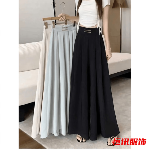 美梵朗夏季百搭外穿高腰雪纺盘扣垂感阔腿垂坠感收腰遮肚长款裙裤子女潮 黑色春夏款阔腿裙裤838 L 建议100-115斤