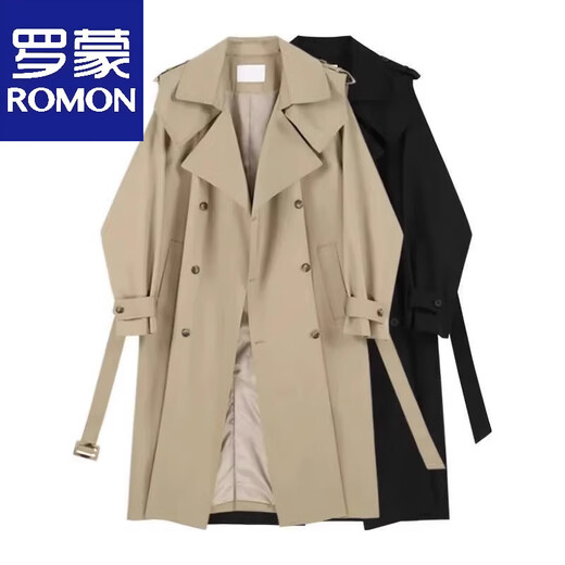 Romon Double Breasted Trench Coat Jacket Men's Spring Autumn and Winter British Style Handsome Coat Mid-Length Cloak Fashionable Black Cotton Thickened XL 136-155