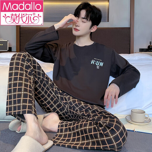 莫代尔100%棉新款男士睡衣秋季纯棉长袖长裤家居服套装男款套装男款 9923 L (110斤-140斤)