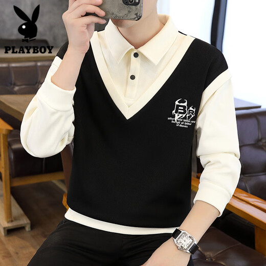 Playboy (PLAYBOY) shirt collar sweatshirt men spring and autumn two-piece spliced casual long-sleeved T-shirt teenager student base shirt men 679 khaki XL about 135-150 Jin [Jin equals 0.5 kg]