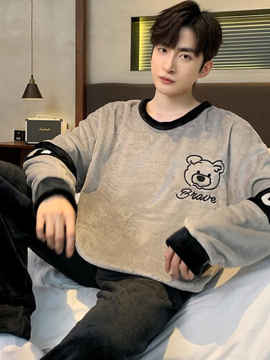 睡衣男秋冬季法兰绒加厚保暖圆领卡通学生中青少年宽松男士家居服 WYEX3883 L(推荐90-115斤) 均码