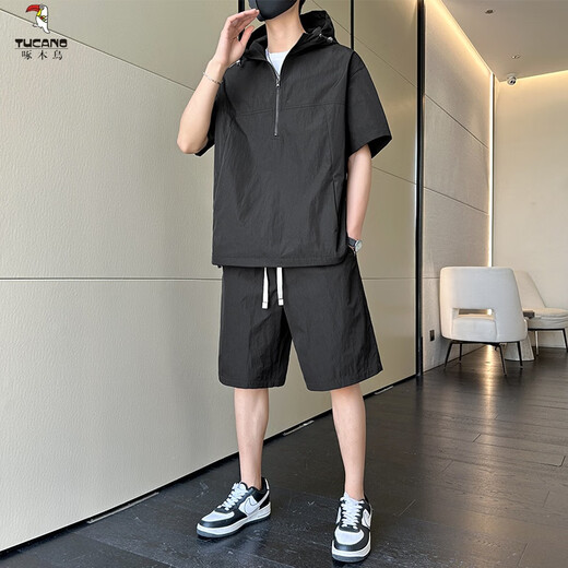 Woodpecker (TUCANO) casual sports suit for men in summer 2025 new handsome workwear hooded shorts with a set of men's clothing 7003 apricot XL