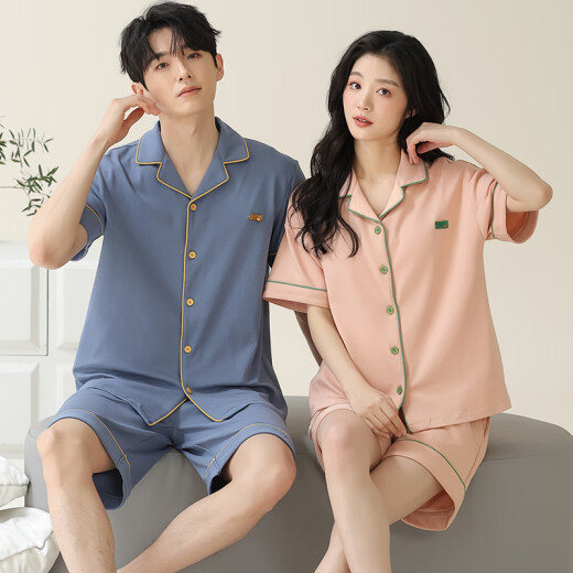 Langsha pareja pijamas verano pantalones cortos de manga corta cárdigan simple se puede usar afuera para hombres y mujeres algodón de algodón de algodón verano Summer x12701-12801 M estilo femenino