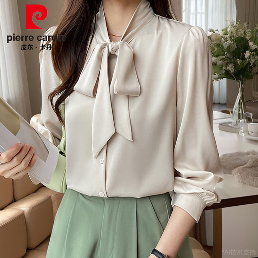 Pierre Cardin Hangzhou silk shirt women's long-sleeved spring new French bow shirt-like anti-wrinkle mulberry silk top Apricot 9276 2XL 125-135Jin Jin equals 0.5 kg