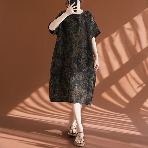
Jiandang large-size women's clothing fat MM spring and summer retro style literary and ethnic casual mid-length loose dress 9230 color average size [185Jin[Jin equals 0.5 kg] below]