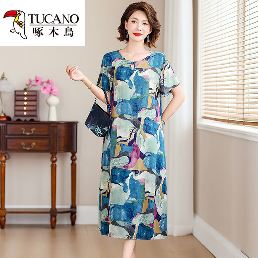 Woodpecker's new style of cotton silk dress for middle-aged mothers in summer, middle-aged and elderly high-end fashionable rich wife artificial cotton skirt No. 4 color 719# XL Recommended 90-110Jin [Jin equals 0.5 kg]