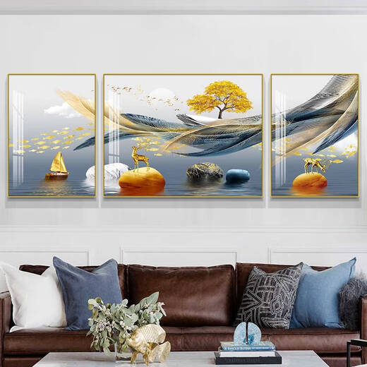 新中式立体镶钻客厅装饰画三联画沙发背景墙轻奢现代壁画 slh-9197 35*5070*50中间质感纹理膜