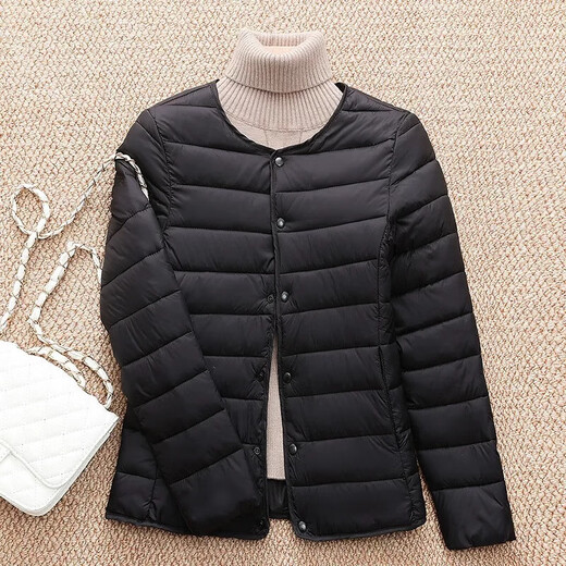 Lightweight cotton coat for women, warm inner liner, short large size slim coat, autumn and winter round neck jacket for women, black 3XL recommended 110-125Jin Jin is equal to 0.5 kg