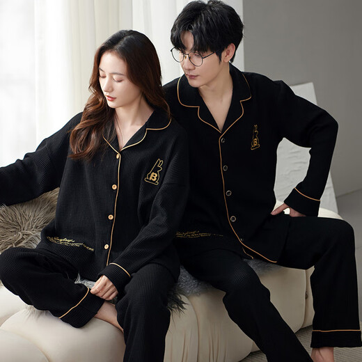 Clolv Kissck Sports Couple de pyjamas printemps et automne un homme et une femme Waffle à deux pièces peuvent être portés à l'extérieur de la maison QH-9855 # [Waffle] Suisse de revers m Femme + mâle L L