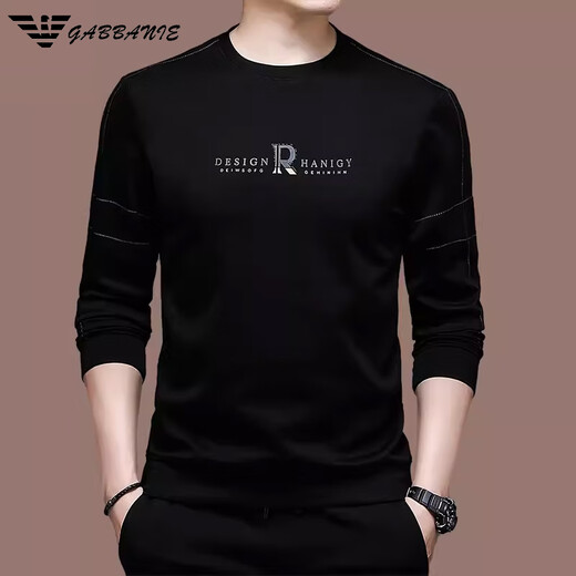 Qi Armania brand men's long-sleeved T-shirt men's round neck cotton sweatshirt versatile casual top 1105-Black M 165[suitable for 90-120Jin[Jin equals 0.5 kg]]