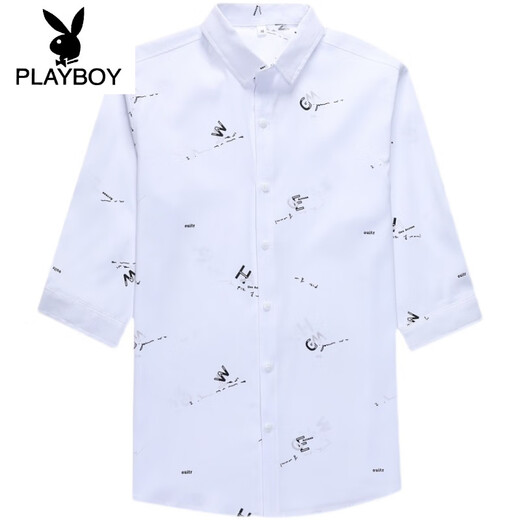 花花公子（PLAYBOY）夏季男士中袖修身光滑衬衣韩版印花半袖休闲潮七分袖免烫短袖衬衫 882白色 XL 120-133斤