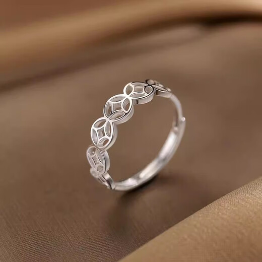 Qi Xiaomi 999 Pure Silver Copper Coin Ring Girls Open Ring Vegetarian Ring Index Finger Ring High-end Niche Design Ring for Girlfriend 999 Silver Copper Coin Ring Opening Adjustable