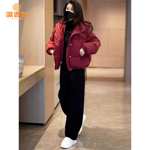 Paige Shark 2025 new style this year popular small red short fashion thickened cotton jacket for women autumn and winter trendy brand burgundy M recommended 100-120Jin Jin equals 0.5 kg