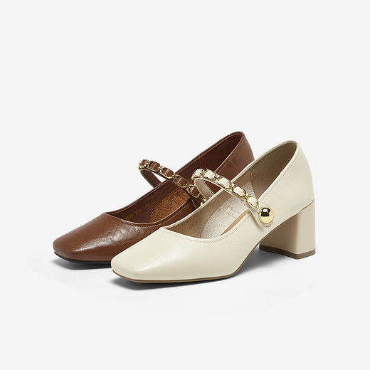 Best Picture 25 Spring Fashionable Retro Mary Jane Shoes Thick High Heels Square Toe Women's Shoes F1509AQ5 Beige 37