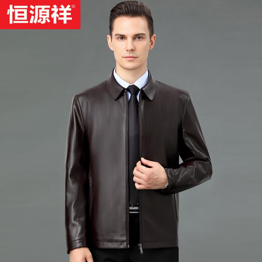 Hengyuanxiang leather jacket men's business lapel middle-aged dad's clothing autumn and winter new velvet thickened soft leather jacket for middle-aged and elderly people black single leather size 170 - recommended weight 100-125 Jin Jin equals 0.5 kg