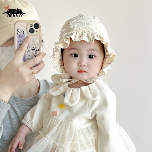 贝娜茜婴儿帽子春秋季薄款宝宝洋气蕾丝渔夫帽婴幼儿遮阳帽夏季婴幼儿 小碎花-红色 3-18个月（40-48CM）