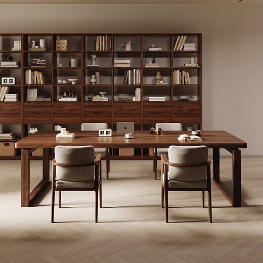 Iron Emperor walnut living room solid wood desk modern double computer table dining table work table long table study table office tea table rubber wood bachelor's chair (fabric seat)