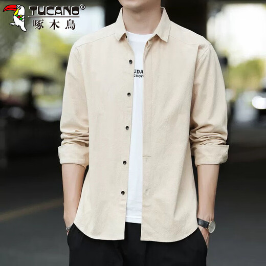 Woodpecker (TUCANO) shirt men's casual long-sleeved shirt men's spring and autumn loose handsome coat tops men's khaki 3XL
