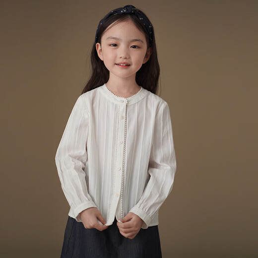 Hajihaji children's clothing spring and autumn children's long-sleeved tops skin-friendly cotton texture girls white shirt simple and high-end original white 160