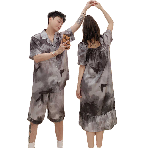 Langsha couple pajamas for women in summer ice silk short-sleeved nightgown new Chinese style home clothes 2025 new Chinese style men MBN_13077# set matching Butterfly M women