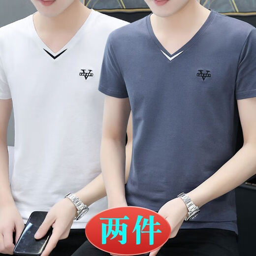 
Dan Pretty Khmer Men's V-neck Ice Silk Short-Sleeve T-Shirt Summer Trend Cotton T-Shirt 667 Dark Gray + 659 Blue Gray M (80-110Jin [Jin equals 0.5 kg])