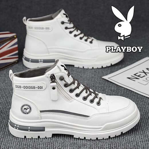 Playboy (Playboy) Zapatos para hombres High Top Otoño e Invierno Nuevo 2025 Casual Retro Retro espesa Altura que mejora los zapatos de cuero transpirable Botas de moda para hombres Martin White Grey 844 41