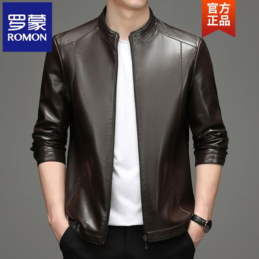 ROMON Haining Genuine Leather Jacket Men's Autumn and Winter Plus Velvet Sheep Leather Jacket Middle-aged Dad Men's Casual Leather Jacket Black Stand-up Collar Thin L 175 Recommended 120-140 Jin Jin is equal to 0.5 kg