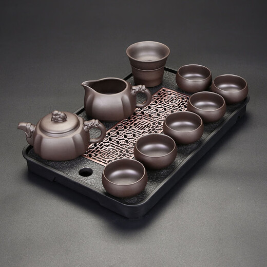 Fat Donglai's same dragon pot purple sand Kung Fu tea set household teapot lid bowl tea cup tea tray light luxury high-end original mineral purple sand dragon pot + six gentlemen 9 pieces