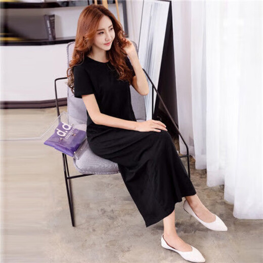 Zhongfanzhi super long dress with short sleeve cotton over-knee T-shirt skirt for women slim fit and slim summer slit ankle-length skirt for women black 9905 long skirt L