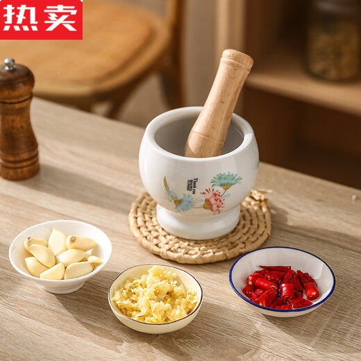 Yishan German imported high-quality ceramic garlic pounder household manual old-fashioned garlic mortar peeling garlic artifact stone mortar garlic pound spring warm flowers blooming red flowers large garlic pounder