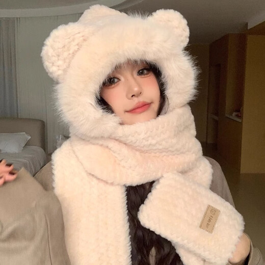 viney冬季帽子女新款围巾手套帽子可爱三件套小熊保暖毛绒帽围脖防寒 【米色礼盒装】包头帽子 均码 1个