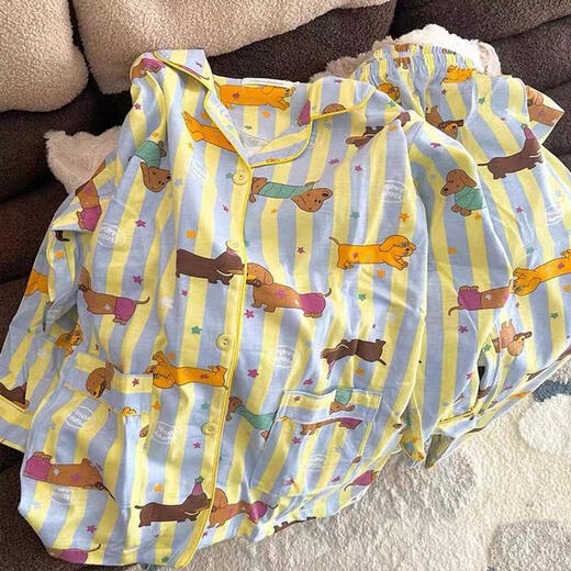 Wanmanduo Internet Promi Cartoon Dachshund Hund Pyjamas für Frauen im Frühling und Herbst langärmelte 2025 neue süße und niedliche Streifen-Strickjacke Hauskleidung 9274# Doppelte lang gestreifte Kaninchen M 75-100jin [Jin gleich 0,5 kg]