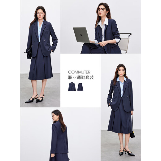 Shandubila suit suit for women, spring and autumn professional formal wear, high-end small suit, pleated skirt, two-piece set, navy blue L