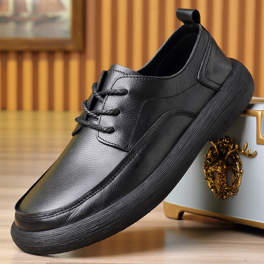 Classic Car Herren echtes Leder Casual Leder Schuhe Frühling und Herbst Cowhide Weiches Sohle Weitfußbrett Schwarz 15051 Echtes Leder Viersaison Schuhe 39