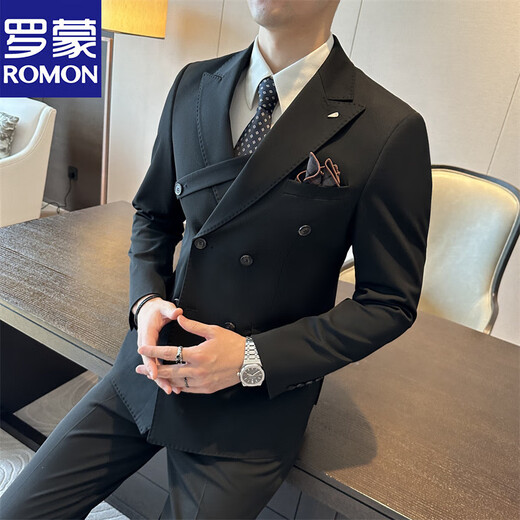 Romon (Romon) Brown Double Breasted-Anzug Anzug Britisch schlanker Männer großer Anzug dreiteiliger Anzug Hochzeitsbräutigam-Kleid-Trend dunkelgrün (Anzug + Weste + Hosen) 54 (135-145jin [Jin gleich 0,5 kg]) 2xl