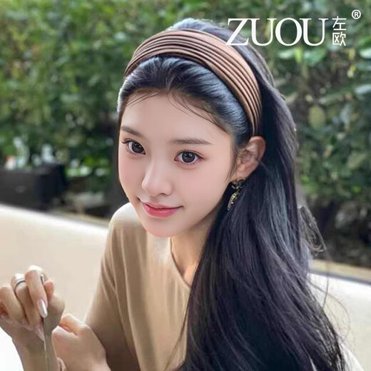Zuoou Zuoou coffee color high skull wide edge hairband women's Korean simple pleated hairpin high-end retro headband hair hole black