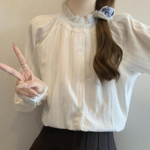 Hao'e French sweet white shirt for women with stand-up collar and earrings spring and autumn long-sleeved tops Japanese layered lace shirt as base stand-up collar and earrings white shirt M