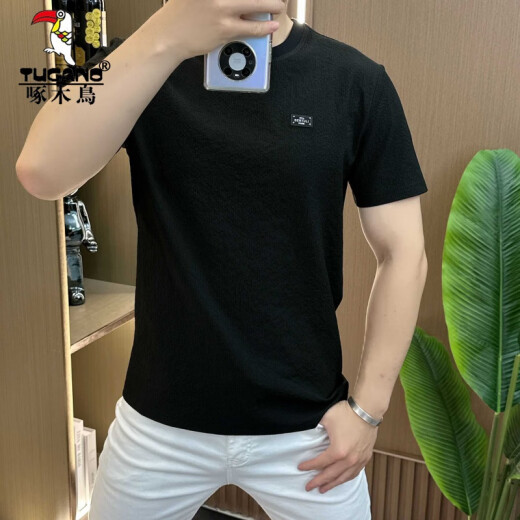 啄木鸟（TUCANO）设计师款夏季冰丝肌理感绣标圆领男士短袖时尚半袖百搭轻奢舒适款 1105白色 M 80-105斤