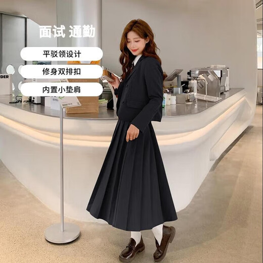 Customized (CECAI) college style gray suit for women 2025 spring new loose slim suit pleated skirt two-piece set black (suit + shirt + skirt) S