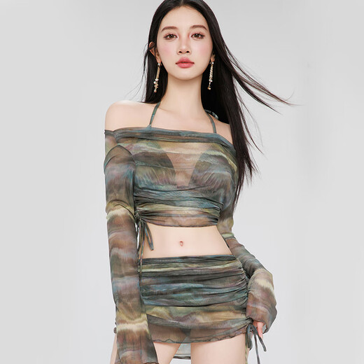 尔山集比基尼泳衣女分体式罩衫长袖泳衣四件套2025新款泡温泉防晒泳装 长袖防晒泳衣【灰绿色】均码