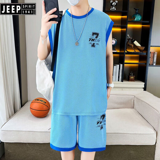 JEEP SPIRIT Summer Male Student Sleeveless Ice Wire Mesh Sports Set Vest Breathable Quick Dry Junior High School Basketball Suit Boys Male 6636 Light Gray 3XL [160-185Jin [Jin equals 0.5 kg]]