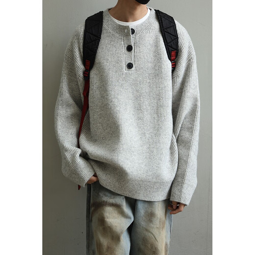 LH store autumn and winter retro lazy style Henry neck sweater boys' round neck sweater jacket light gray sweater upgraded version high quality XXS m