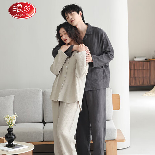 LangSha couple's pajamas for one man and one woman, autumn type A baby cotton, casual soft 100% woven cotton home wear, spring style 6130+5130 M female + L male