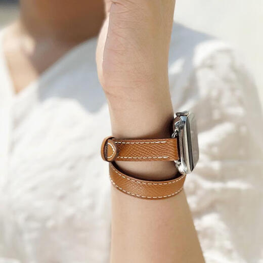 DE TRINE适用iwatch9爱马/仕8seUItra双圈真皮applewatch654苹果手表带高 双圈靛蓝色 细款 轻奢真皮高定 49MM适合iwatchUItra下单送壳膜